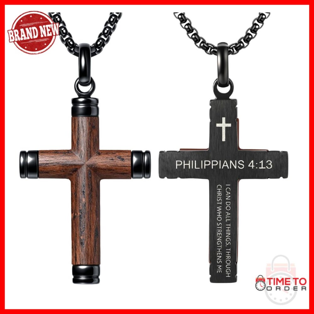 Men's Ebony Wood Cross Necklace Stainless Steel Chain 24 Inch